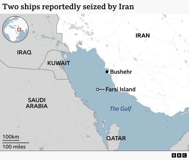 A map showing the locations of Farsi Island and Bushehr in Iran - the former is in the middle of the Gulf between Iran and Saudi Arabia