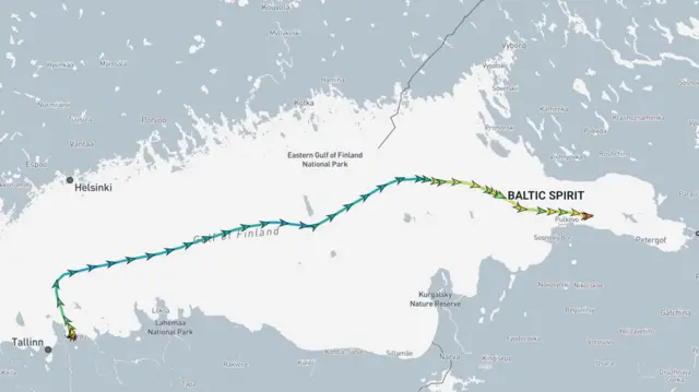 Map of Baltic spirit's route to Russia after being seized in Estonia