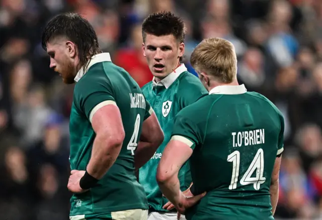 Sam Prendergast, Joe McCarthy and Tommy O'Brien look dejected