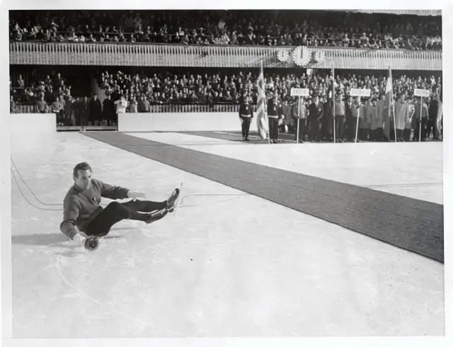 Italian speed skating champion Guido Caroli gave the assemblage and himself a bad moment