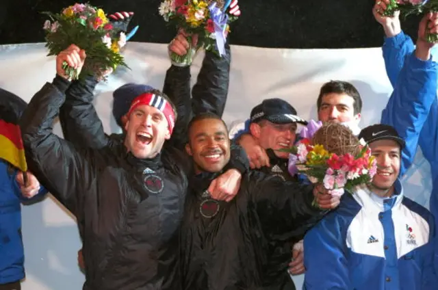 Sean Olsson, Dean Ward, Courtney Rumbolt and Paul Attwood of Great Britain take their bronze medal run