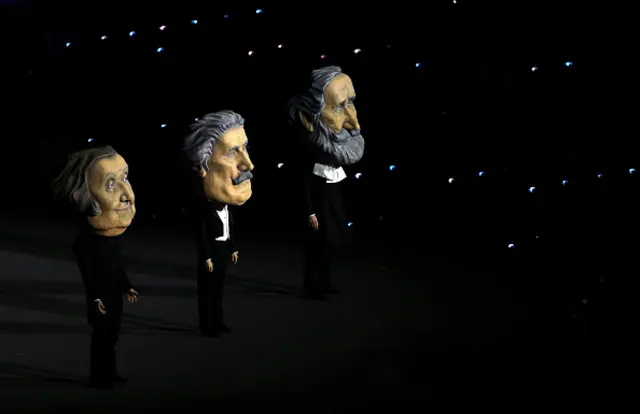 Actors dressed as the great masters of Italian Opera, Giuseppe Verdei, Giacomo Puccini, and Gioachino Rossini perform