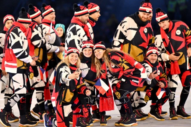 The delegation of Czechia arrive to the Opening Ceremony at the Milano Cortina