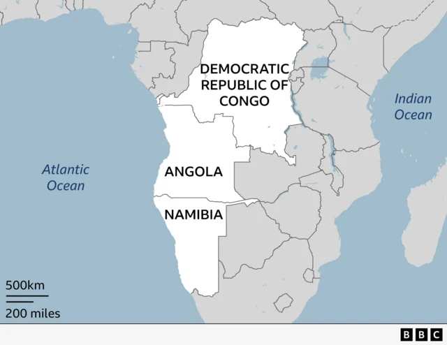 Map of Africa highlighting the three countries that have agreed return deals with the UK: DRC; Angola; and Namibia