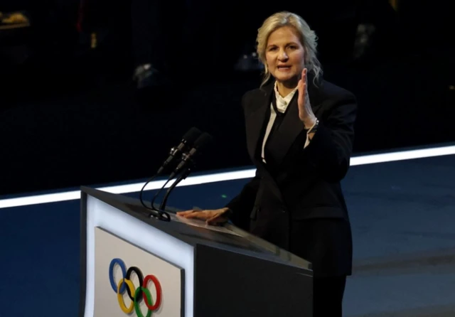 President of the International Olympic Committee (IOC) Kristy Coventry speaks