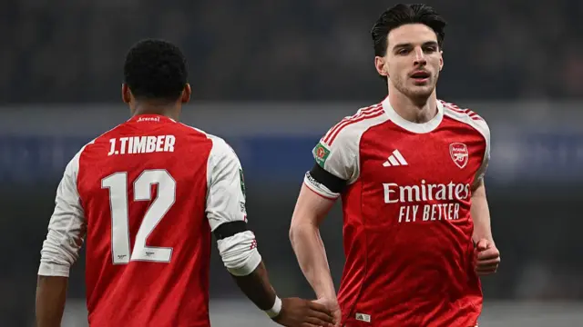 Declan Rice and Jurrien Timber of Arsenal during the Carabao Cup Semi Final First Leg
