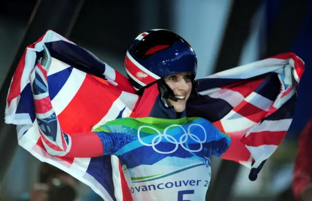 Britain's Amy Williams finishes the final heat to win gold in the women's Skeleton final