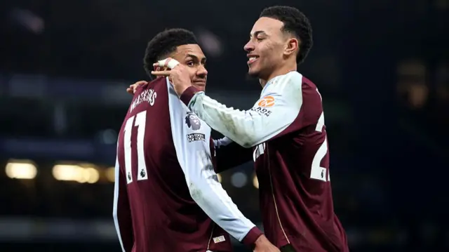 Ollie Watkins of Aston Villa celebrates scoring his team's second goal with teammate Morgan Rogers