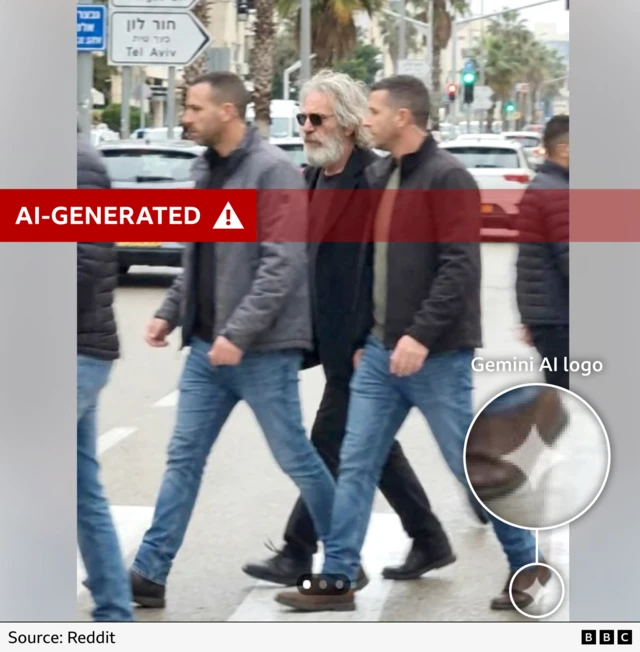 An AI-generated of three men. People online are claiming - falsely - that the man in the middle is the dead US sex offender Jeffrey Epstein who is seen here in Tel Aviv, Israel