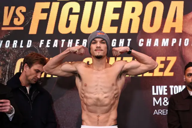 Brandon Figueroa is shirtless, wearing a woolly hat and holding his arms out