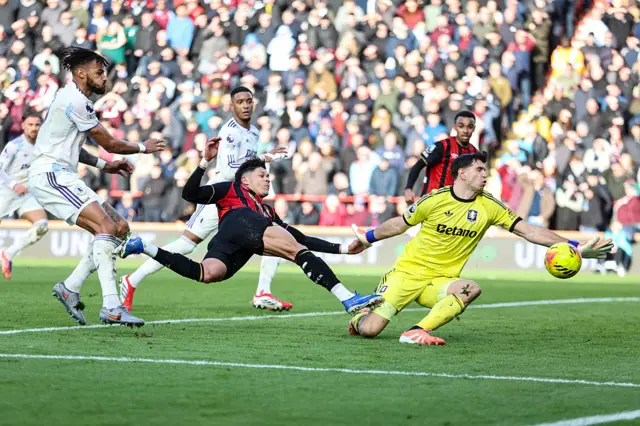 Evanilson shooting against Emiliano Martinez
