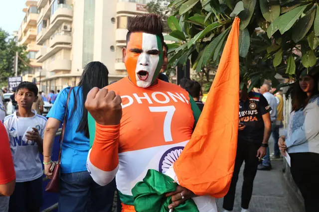India fan with face painted in the colours of the flag and a Dhoni shirt