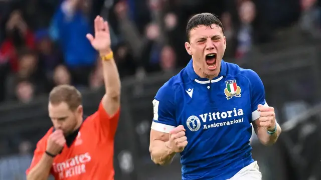 Paolo Garbisi celebrates after Italy beat Scotland in 2024 Six Nations