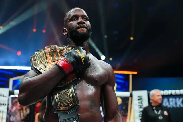 Fabian Edwards holds the PFL middleweight tournament title on his shoulder