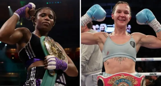 Caroline Dubois holds up her arm and has the WBO lightweight title on her chest and Terri Harper holds up both arms