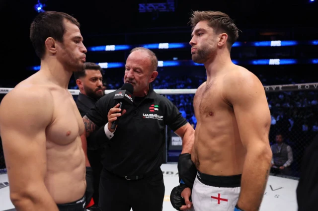 Usman Nurmagomedov and Alfie Davis stand in the cage opposite each other