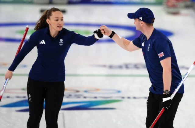 Great Britain's Jennifer Dodds and Bruce Mouat celebrate victory during the Curling Mixed Doubles