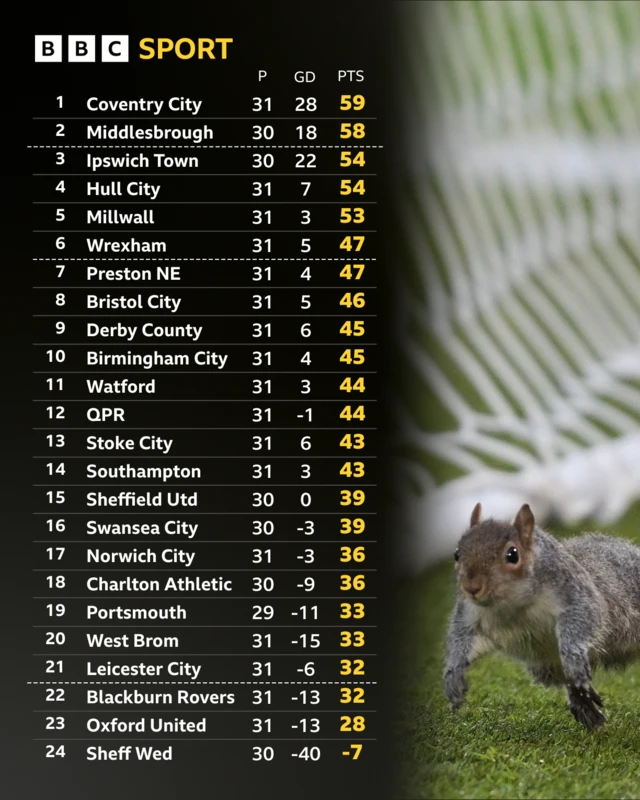The Championship table alongside a photograph of the squirrel on the pitch at Hull