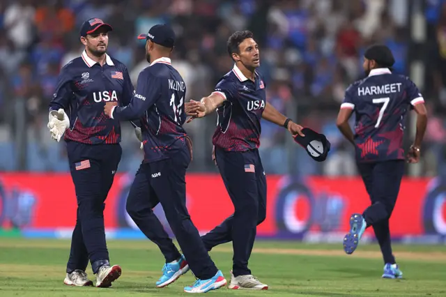 Shadley van Schalkwyk of the United States celebrates a wicket