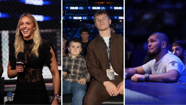 Split image of Dakota Ditcheva, Paul Hughes and Khabib Nurmagomedov at a PFL event