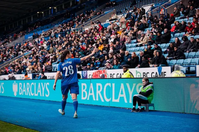 Rachel Williams waves to King Power stadium crowd