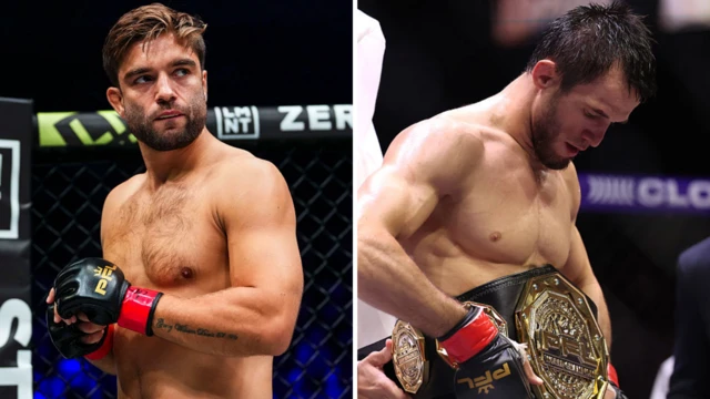 Alfie Davis holds his hands together and Usman Nurmagomedov looks at the PFL lightweight title