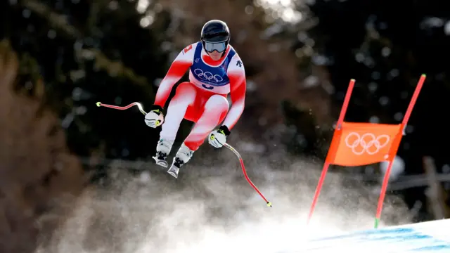 Franjo von Allmen of Switzerland competes in the Men's Downhill of the Alpine Skiing competition, at the Milano Cortina 2026 Winter Olympic