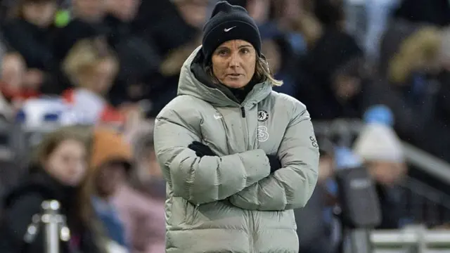 Chelsea Football Women's F.C. manager, Sonia Bompastor, is present during the FA Women's League Cup match between Manchester City and Chelsea at the Joie Stadium in Manchester