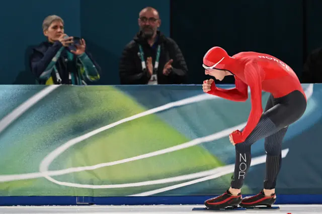 Norway's Sander Eitrem reacts