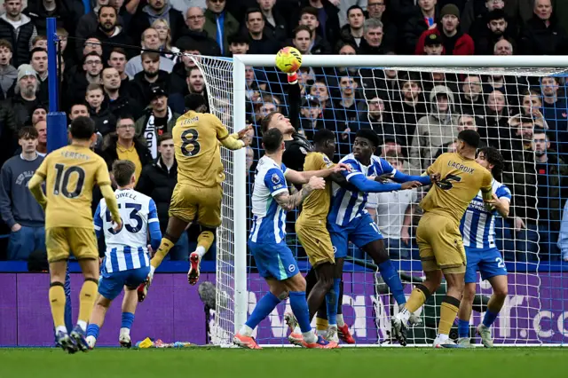 : Bart Verbruggen of Brighton & Hove Albion punches clear during the Premier League match between Brighton & Hove Albion and Crystal Palace at Amex Stadium on February 08, 2026 in Brighton, England.
