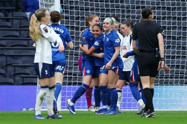 Alyssa Thompson of Chelsea celebrates scoring her team's second goal with her teammates