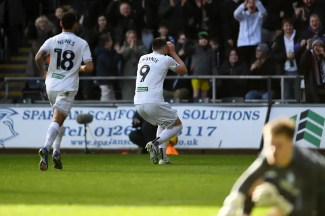 Swansea City striker Zan Vipotnik (right) celebrates