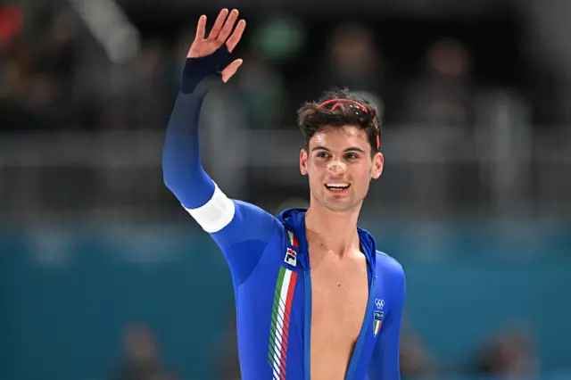 Italy's Riccardo Lorello reacts after competing in the speed skating