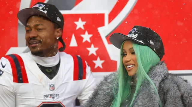 Stefon Diggs and Cardi B after the New England Patriots won the AFC Championship game at Denver in 2026off game against the Denver Broncos