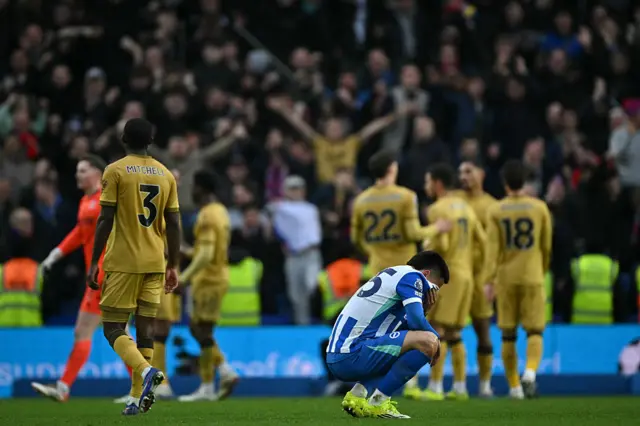 Brighton's Paraguayan midfielder #25 Diego Gomez reacts to their defeat on the final whistle in the English Premier League football match between Brighton and Hove Albion and Crystal Palace at the American Express Community Stadium in Brighton, southern England on February 8, 2026. Palace won the game 1-0.