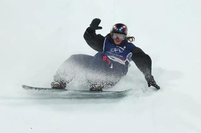 Mia Brookes of Team Great Britain falls to ground as she competes