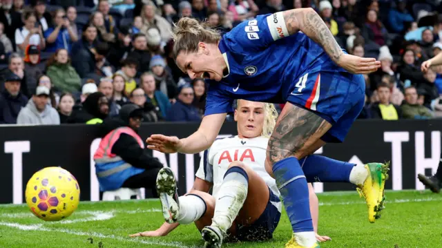 Millie Bright goes down under a challenge from Cathinka Tandberg