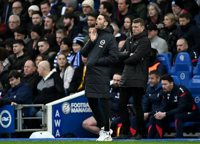 Fabian Huerzeler, Manager of Brighton & Hove Albion, gives the team instructions during the Premier League match between Brighton & Hove Albion and Crystal Palace at Amex Stadium on February 08, 2026 in Brighton, England.