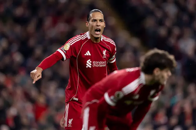 Virgil van Dijk of Liverpool gives instructions during the Premier League match between Liverpool and Manchester City at Anfield on February 8, 2026 in Liverpool, England.