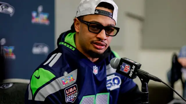 Jaxon Smith-Njigba speaks to media during Super Bowl week in 2026