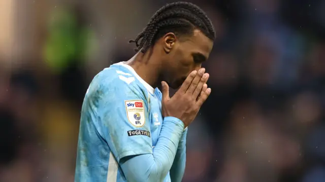 Coventry striker Haji Wright reacts to a missed chance