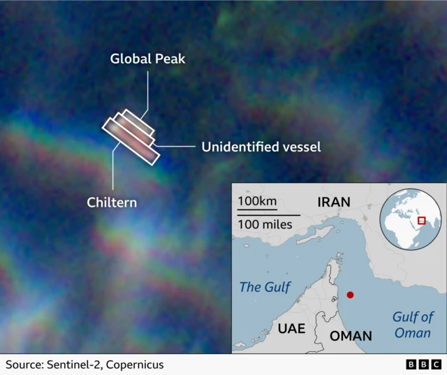 A satellite image of three ships - we have identified the top one as Global Peak and the bottom vessel as Chiltern