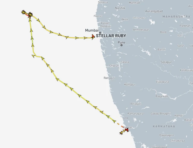 MarineTraffic tracking data shows Stellar Ruby leave Karwar and head north-west before being intercepted and heading east to Mumbai