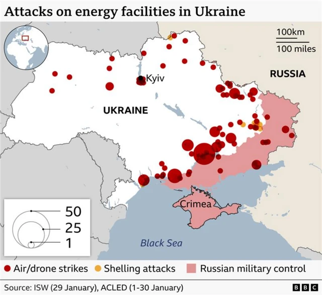 Data compiled by Acled showing attacks on Ukrainian energy infrastructure between 1 and 30 January