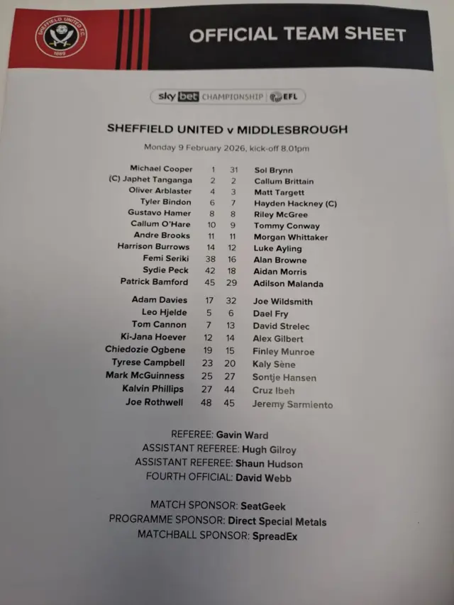 An image of the official team sheet for Sheffield United v Middlesbrough