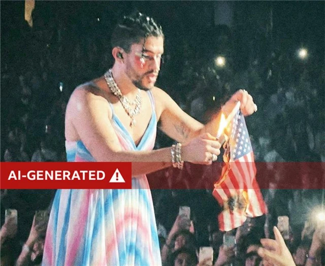 An AI-generated image of singer Bad Bunny wearing a dress and make-up and burning a US flag