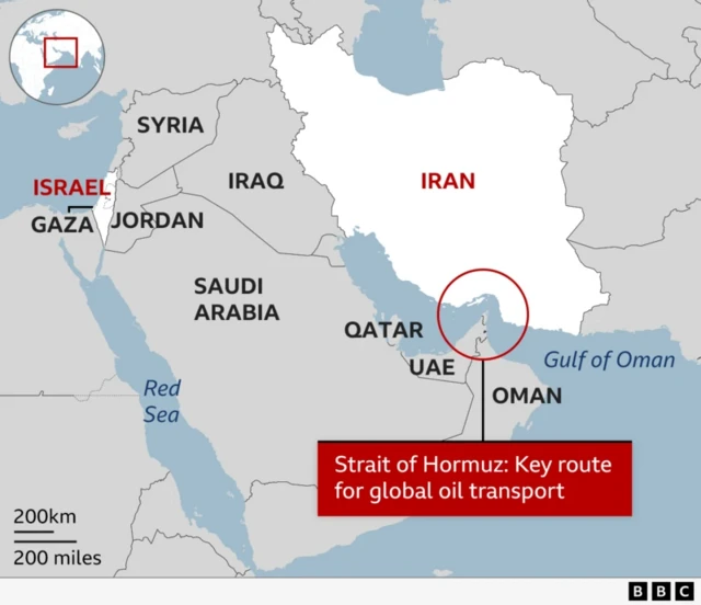 A map showing the location fo Strait of Hormuz
