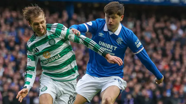 Celtic midfielder Benjamin Nygren and Rangers winger Mikey Moore
