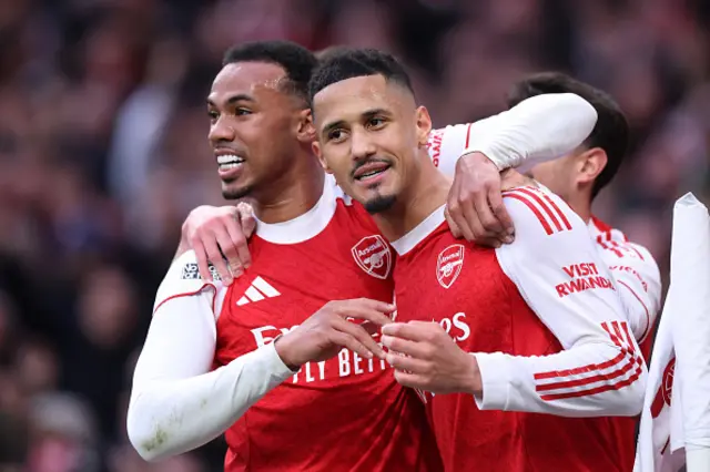 William Saliba of Arsenal celebrates with Gabriel Magalhaes