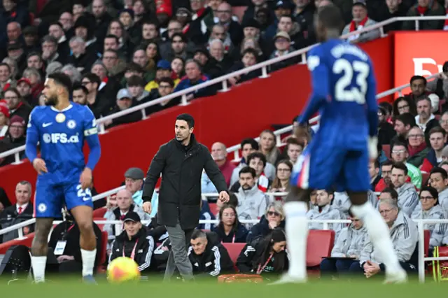 Mikel Arteta, Manager of Arsenal, looks on